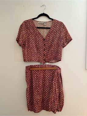 Rust Floral Two-Piece Skirt Set - Button Front Crop Top & Skirt